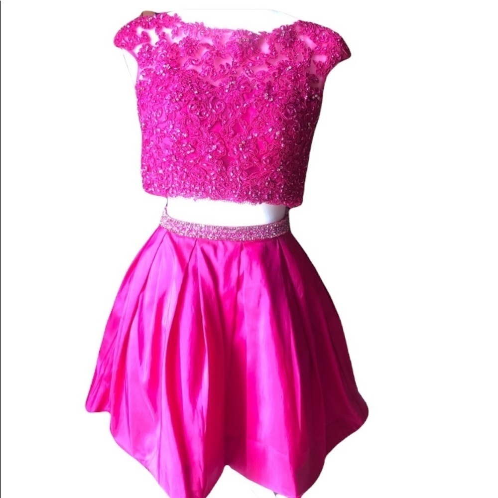 Sherri Hill Fuchsia 2 Piece Lace Crop Top/Skirt-0